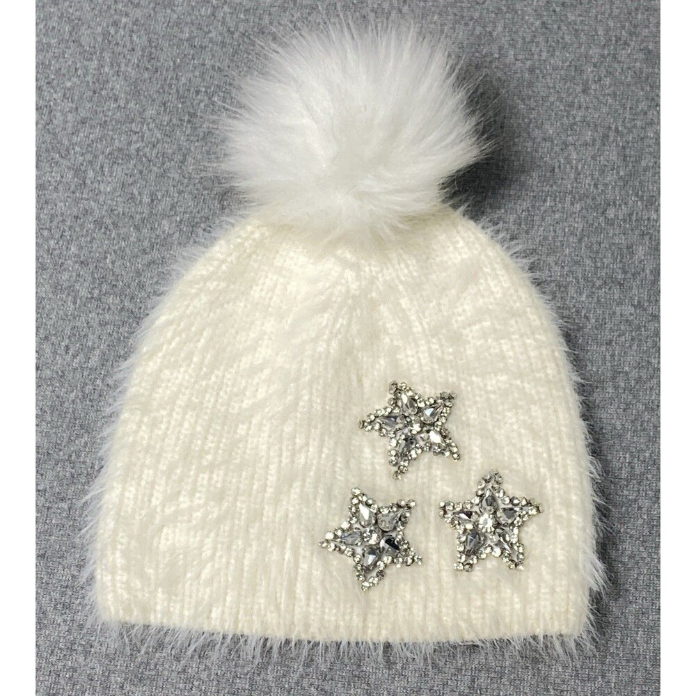 Express Rhinestone Star Accents Beanie Cap Cream Pom Pom One Size